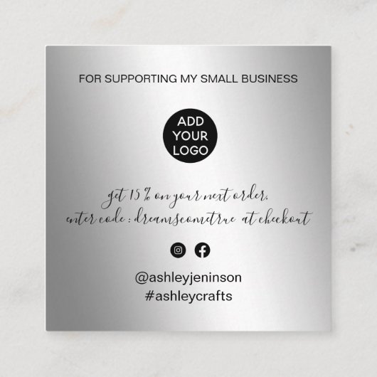 シルバーメタリックのシックなオーダーを感謝していスクリプト スクエア名刺 (裏面)