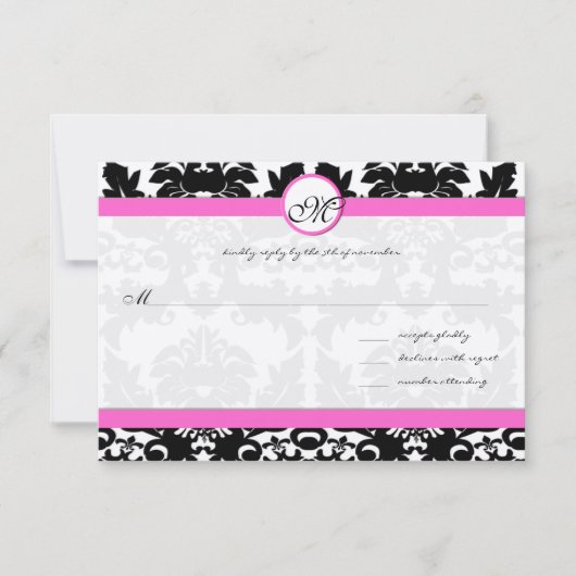 シルバーメタリックのピンクとブラックの結婚ダマスク 出欠カード (正面)