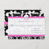シルバーメタリックのピンクとブラックの結婚ダマスク 出欠カード (正面/裏面)