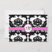 シルバーメタリックのピンクとブラックの結婚ダマスク 出欠カード (裏面)