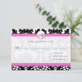 シルバーメタリックのピンクとブラックの結婚ダマスク 出欠カード (スタンド正面)