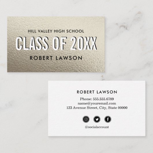 シルバーメタリッククラス卒業名ソーシャルアイコン 名刺 (正面/裏面)