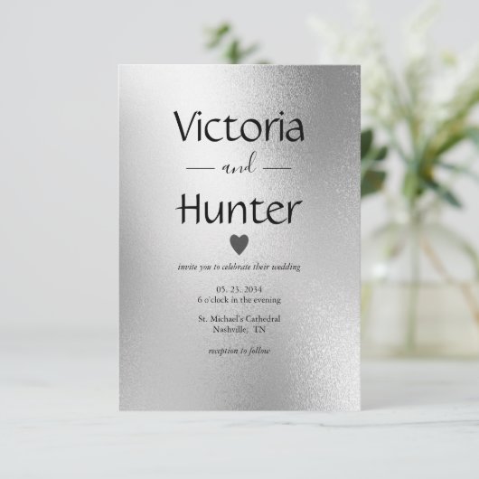 シルバーメタリックハート モダンエレガント ウェディング 招待状 (スタンド正面)