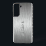 シルバーメタリックブラッシュアルミニウムジオメトリックアクセント SAMSUNG GALAXY S22 ケース<br><div class="desc">銀灰色の金属背景、シンプルシルバーグレーの幾何学的なパターンのアクセントを使用してブラッシュアルミッストライプクの外観：カスタムとオプションのモノグラム。</div>