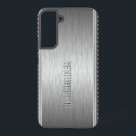 シルバーメタリックブラッシュアルミニウムジオメトリックアクセント SAMSUNG GALAXY S22 ケース<br><div class="desc">銀灰色の金属背景、シンプルシルバーグレーの幾何学的なパターンのアクセントを使用してブラッシュアルミッストライプクの外観：カスタムとオプションのモノグラム。</div>