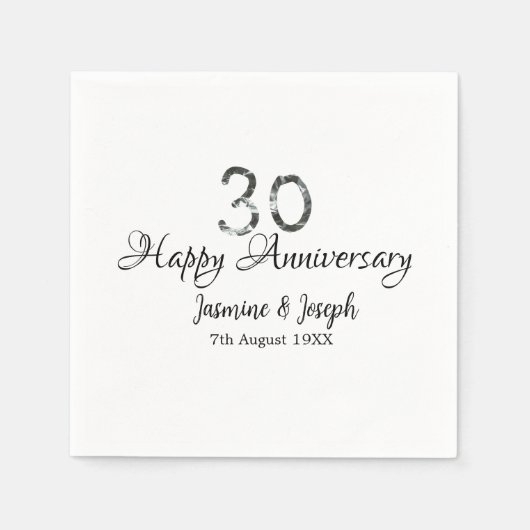シルバーメタリック30th Happy anniversary add name スタンダードカクテルナプキン (正面)