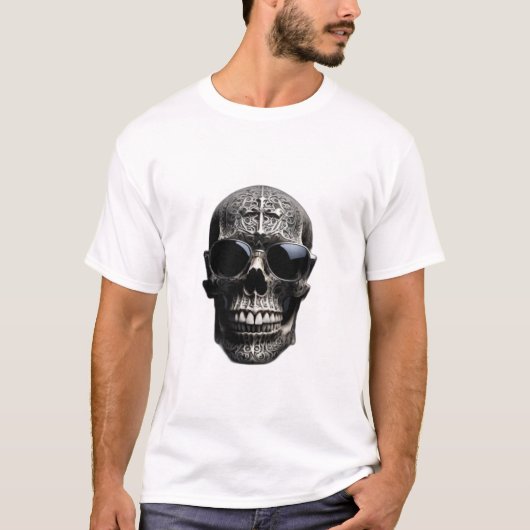 シルバーメタリック3Dスカルクロスサングラス Tシャツ (正面)