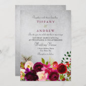 シルバーメタリック バーガンディ レッド フラワーの結婚式招待状 招待状 (正面/裏面)