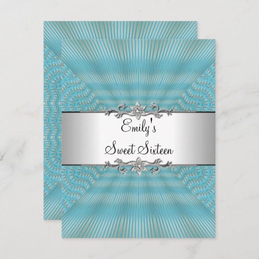シルバーメタルで甘い16ブルーウィーブ誕生日 招待状 (正面/裏面)