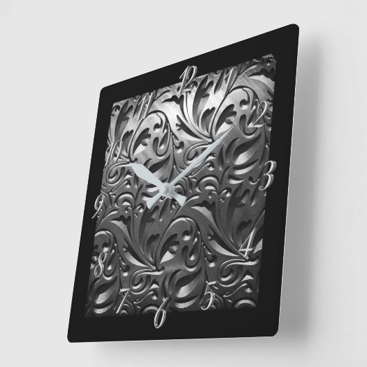 シルバーメタルの彫刻された外観抽象芸術灰色の鋼 スクエア壁時計 (傾斜)