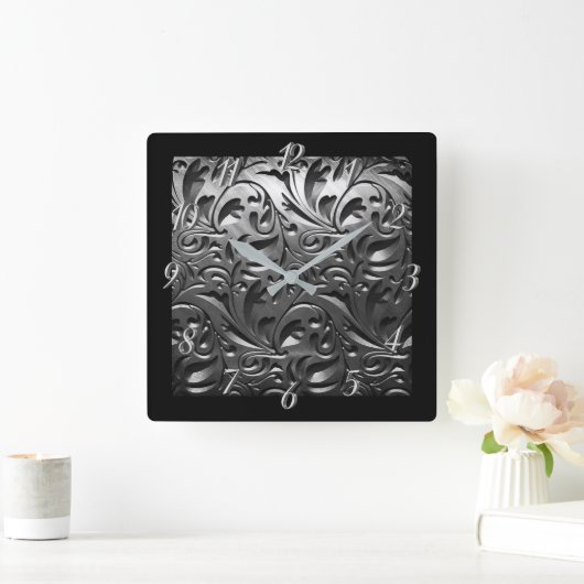 シルバーメタルの彫刻された外観抽象芸術灰色の鋼 スクエア壁時計 (ホーム)