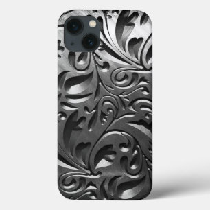 シルバーメタルの彫刻された外観抽象芸術灰色の鋼 iPhone 13ケース