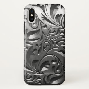 シルバーメタルの彫刻された外観抽象芸術灰色の鋼 iPhone XSケース