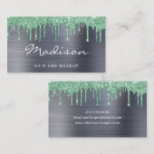 シルバーメタルグリーングリッタードリップヘア&メイクアップ 名刺 (正面/裏面)