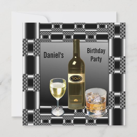 シルバーメタルメンズ50誕生日ドリンクマン 招待状 (正面)