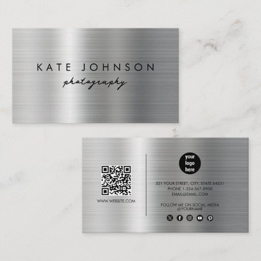 シルバーメタルモダンスクリプトQRコードソーシャルメディア 名刺 (正面/裏面)