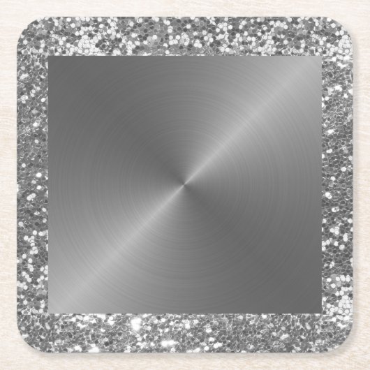シルバーメタルルックグリッターメタリック スクエアペーパーコースター (正面)
