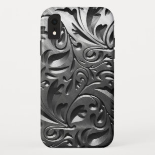 シルバーメタル彫りルック抽象芸術グレー iPhone XRケース