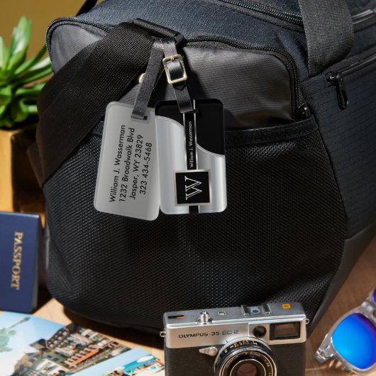 シルバーメタル男らしモノグラムエグゼクティブスタイル ラゲッジタグ (正面&裏面)