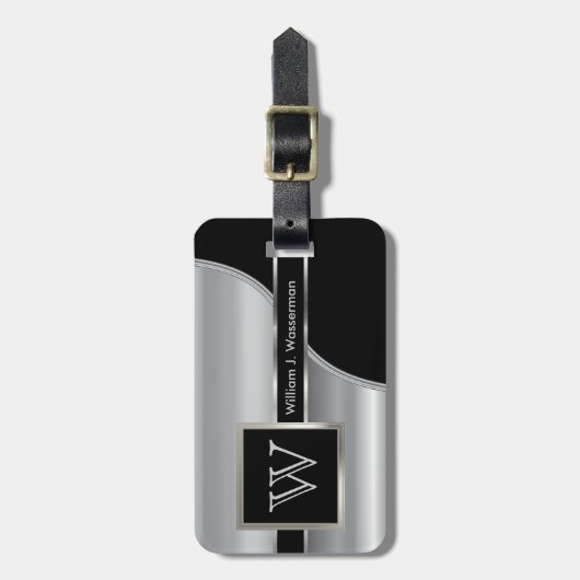 シルバーメタル男らしモノグラムエグゼクティブスタイル ラゲッジタグ (正面縦)