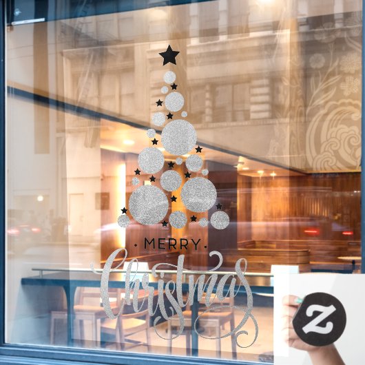 シルバーメリークリスマスツリースターズホリデー ウィンドウサイン (カフェ窓)