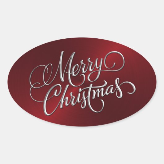 シルバーメリークリスマスレッドステッカーエンボスルック 楕円形シール (正面)