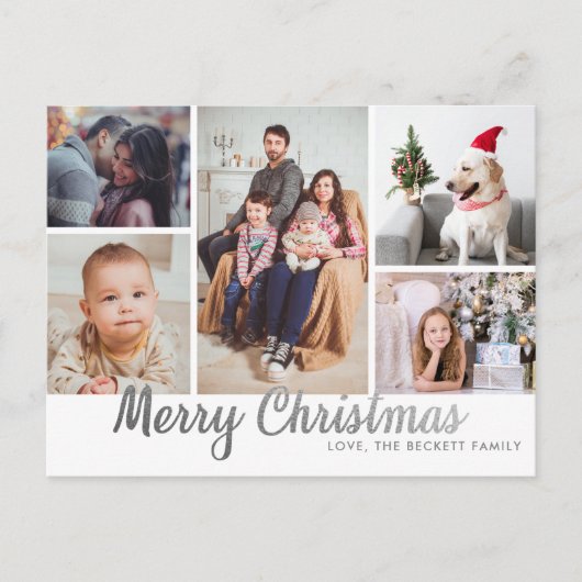 シルバーメリースタイリッシュクリスマス5フォトコラージュ シーズンポストカード (正面)