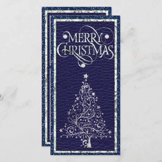 シルバーモダンとブルーのクリスマスツリーフラットカード (正面/裏面)