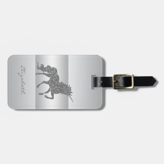 シルバーモダンエレガントガーリーグリッターユニコーン ラゲッジタグ (正面横)