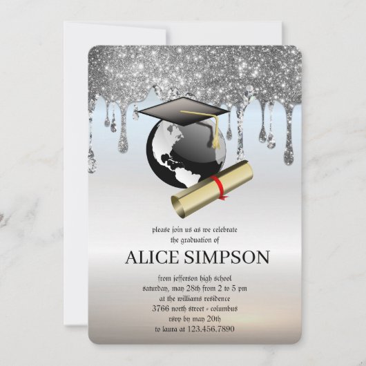 シルバーモダンキュートなシックなミニマリストによる卒業 招待状 (正面)
