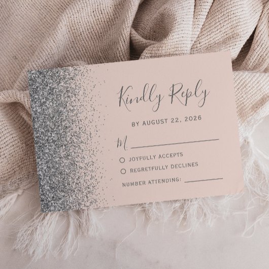 シルバーモダングリッターエッジ赤面ピンク 出欠カード