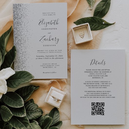 シルバーモダングリッターグ淡い色のレイQRコード結婚s 招待状