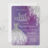 シルバーモダングリッタードリップスドレスバイオレットスウィート16 招待状 (正面)