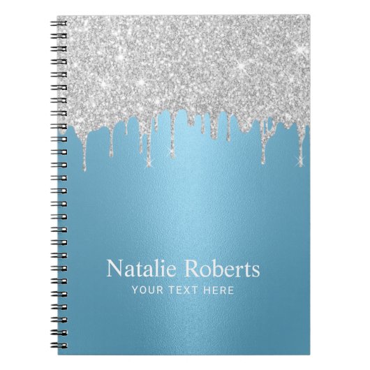 シルバーモダングリッタードリップスライトブルー ノートブック (正面)
