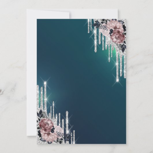 シルバーモダングリッタードリップフラワーズスウィート16 招待状 (裏面)