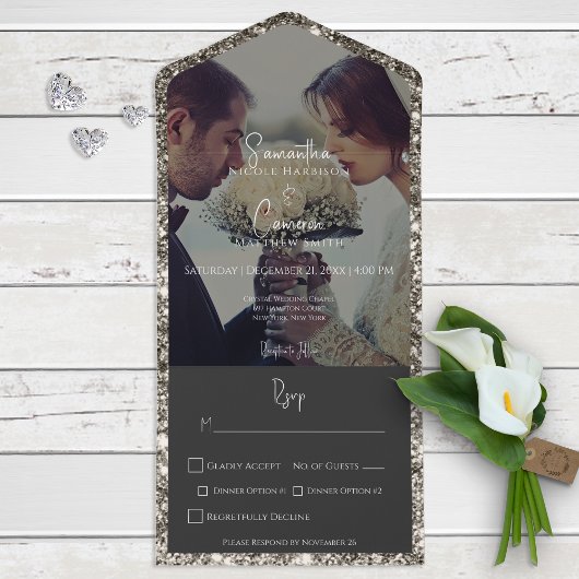 シルバーモダングリッターフォトディナー オールインワン招待状