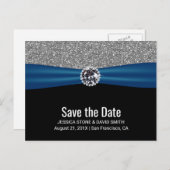 シルバーモダングリッターブルーリボン日付の保存 案内ポストカード (正面/裏面)