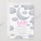 シルバーモダングリッタームーンベビーガールシャワー 招待状 (正面)