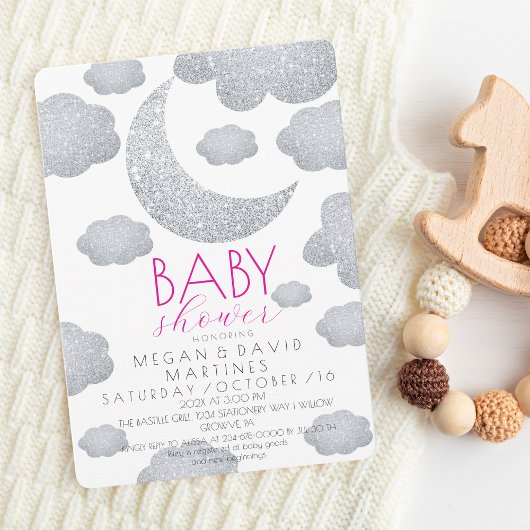 シルバーモダングリッタームーンベビーガールシャワー 招待状