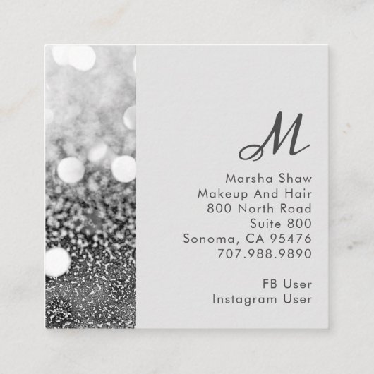 シルバーモダングリッターメイクアップアーティストヘアサロン スクエア名刺 (裏面)
