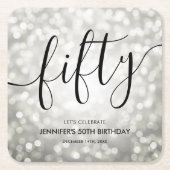 シルバーモダングリッターライト50誕生日 スクエアペーパーコースター (正面)