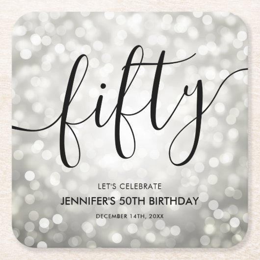 シルバーモダングリッターライト50誕生日 スクエアペーパーコースター (正面)