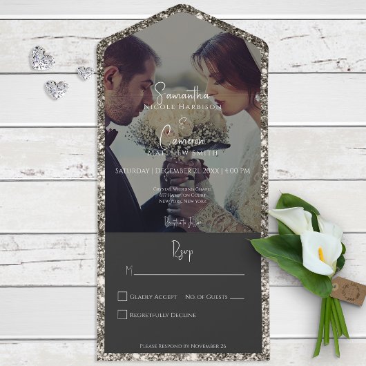 シルバーモダングリッター写真No Dinner オールインワン招待状