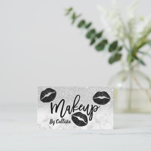 シルバーモダングリッター大理石くちびメイクアップアーティスト 名刺 (スタンド正面)