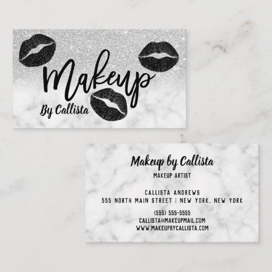 シルバーモダングリッター大理石くちびメイクアップアーティスト 名刺 (正面/裏面)