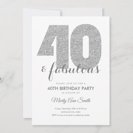 シルバーモダングリッター40と素晴らしい誕生日パーティー 招待状 (正面)