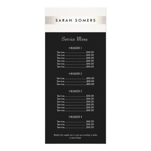 シルバーモダンストライプのサロンブラックプライスリストメニュー ラックカード (正面)