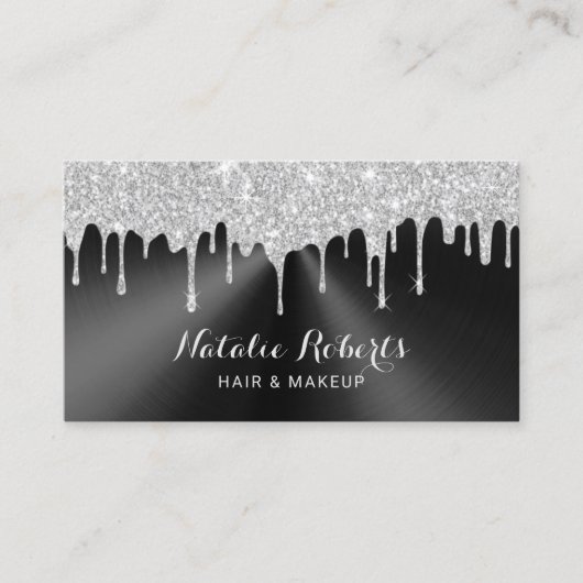 シルバーモダンドリップスブラックメタルメイクアップアーティストヘア 名刺 (正面)