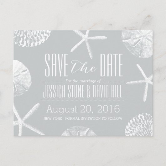 シルバーモダンビーチテーマシーシェル日付を保存 案内ポストカード (正面)