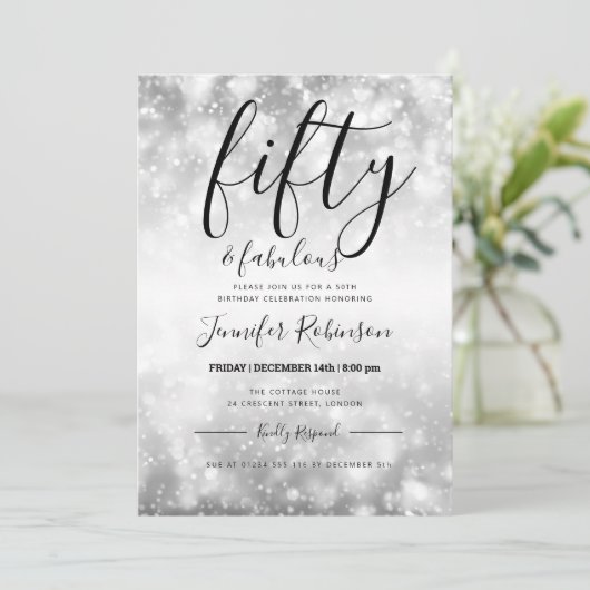 シルバーモダンフィフティ&ファブラス50誕生日 招待状 (スタンド正面)